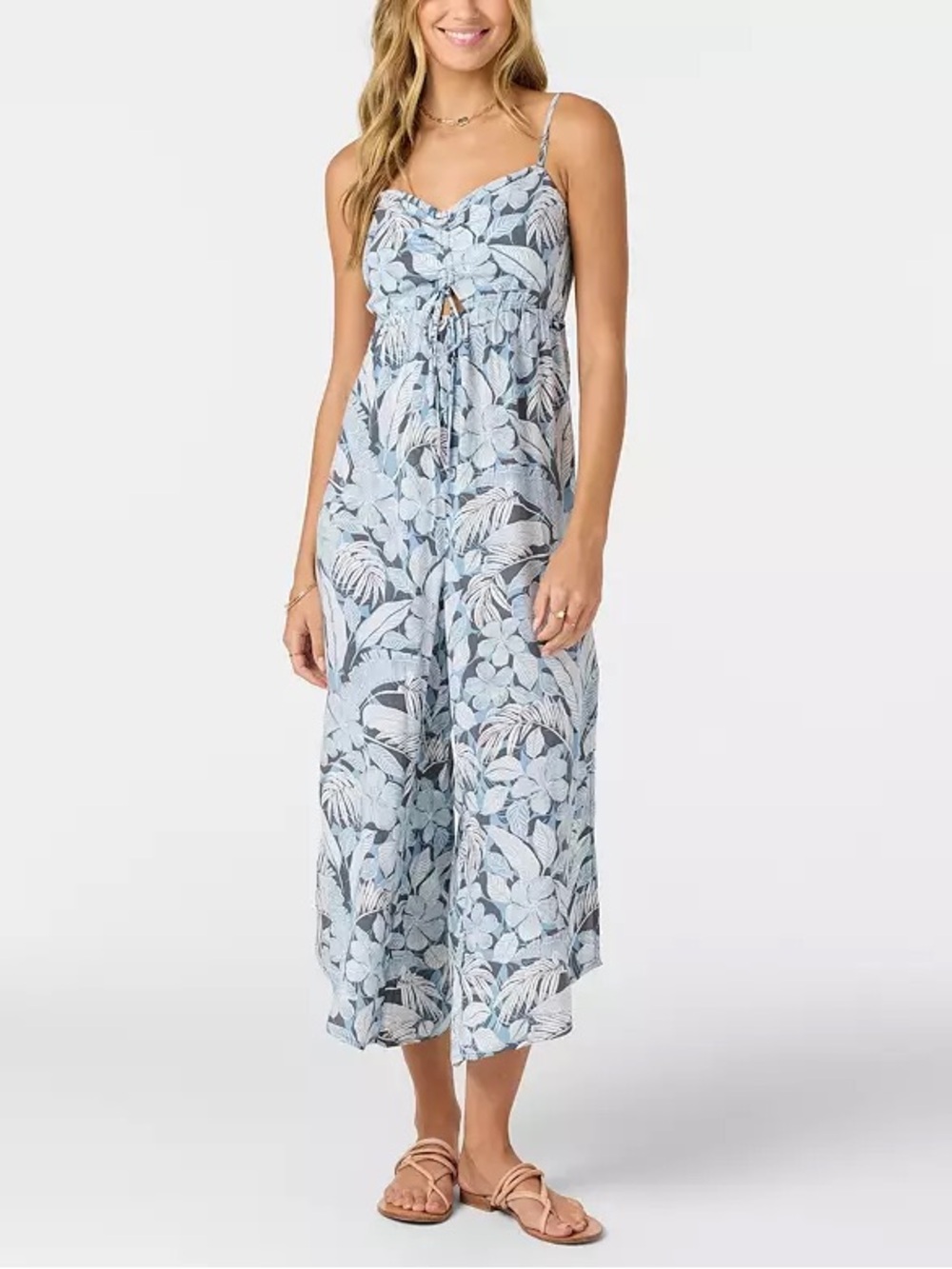O'Neill Women's Keiko Palmetto Ankle Jumpsuit in Blue and a white Floral Print
